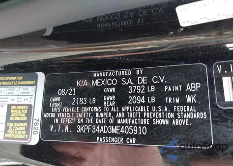 2021 Kia Forte Gt-Line from USA, damaged, VIN 3KPF34AD3ME405910